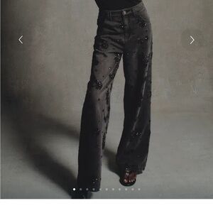 Fabrique Hand Beaded Rose Embellishment Straight Leg Black Jeans Size XS NWT